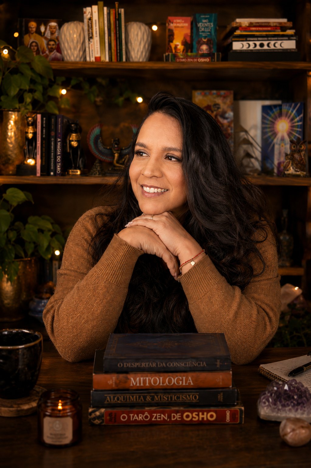 Mila Magàlhães sorrindo diante de uma estante com livros de tarô, mitologia e alquimia