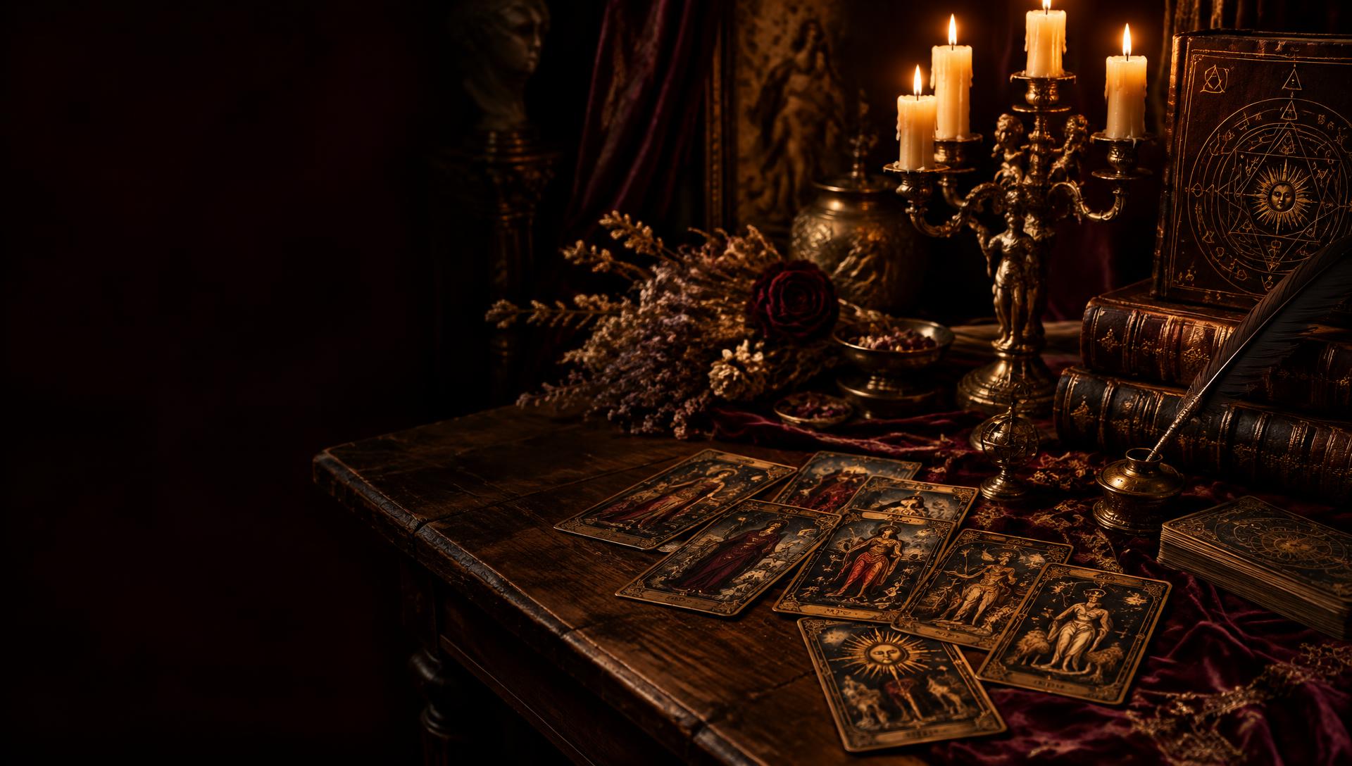 Mesa antiga à luz de velas com cartas de tarô, livros herméticos e um candelabro dourado
