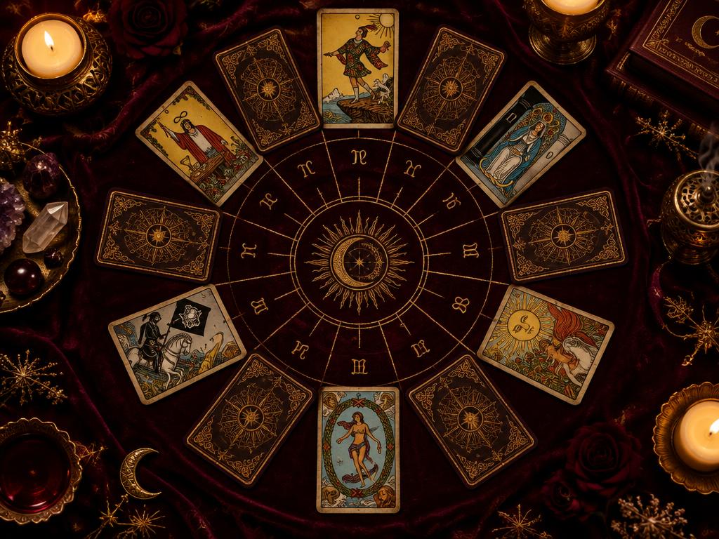 Cartas de Tarô dispostas em mandala astrológica